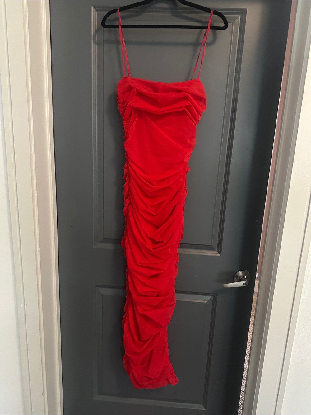 Hot Miami Styles Red Ruched Strapless Evening Gown with Spaghetti Straps